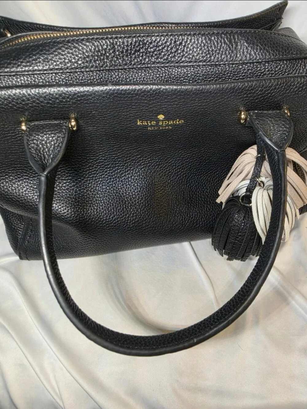 kate spade Black Pebbled Leather Satchel with Tassel Charm